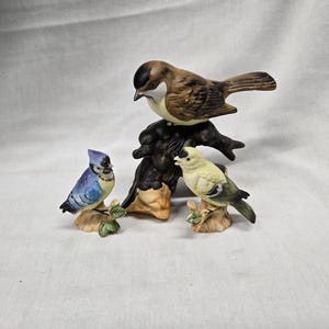 Set of Three Bird Figurines - Bird Decorations - Painted Carved Bird Figurines – Nature Decor