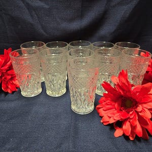 Clear Etched Mini Juice Glasses Set of 11 - Collectible Small Juice Glasses - Vintage Little Fancy Tumblers