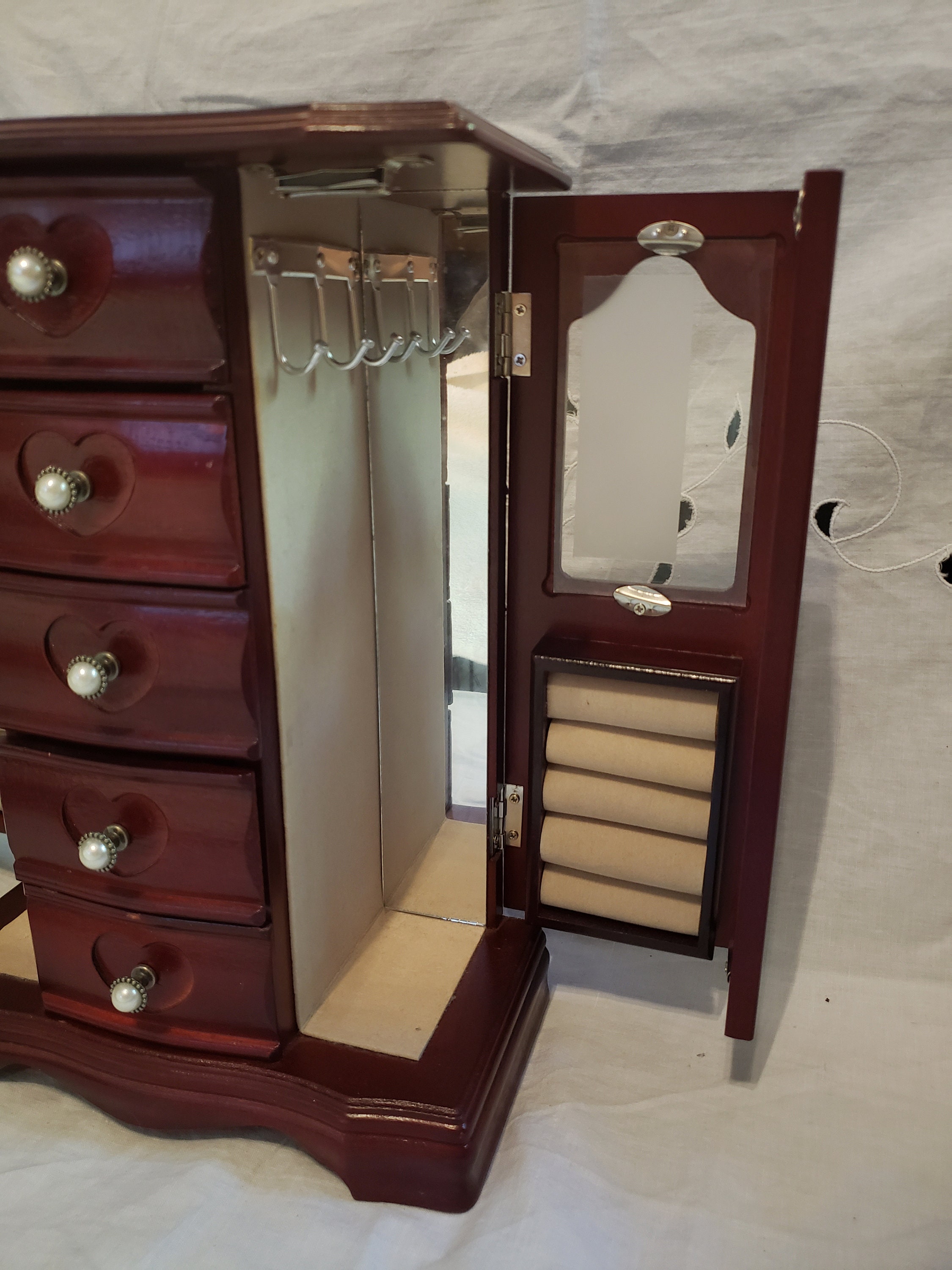 Wooden Jewelry Armoire With Drawers, Cubbies, Hooks, and Mirrors Dresser Top Jewelry Organizer