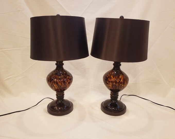 Pair of Brown Glass Lamps With Dark Brown Spotted Designs Living Room