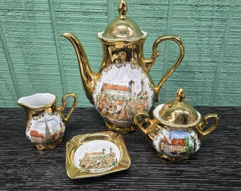 Bavaria Teeservice, hergestellt in Deutschland, goldbeschichtet – Kanne, Zuckerdose und Teller