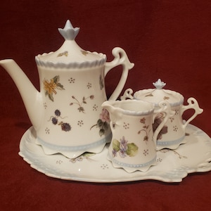 Glass Floral Pattern China Tea Set on Plate with Teapot, Pitcher, Sugar Bowl