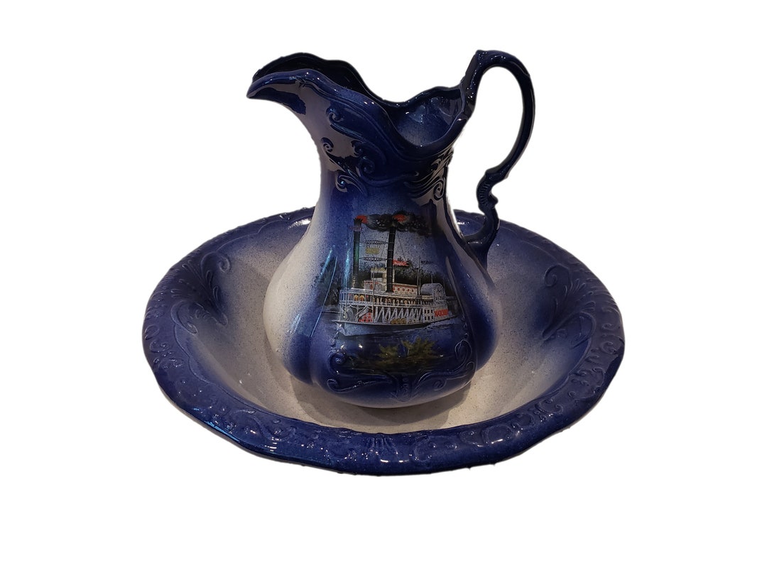 当店の記念日 Pitcher and Basin Wash White and Blue - Decor Vintage アート・デザイン・音楽