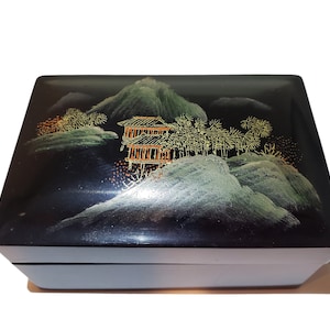 Painted Black Jewelry Box: Gold Flecks, Nature Scenery