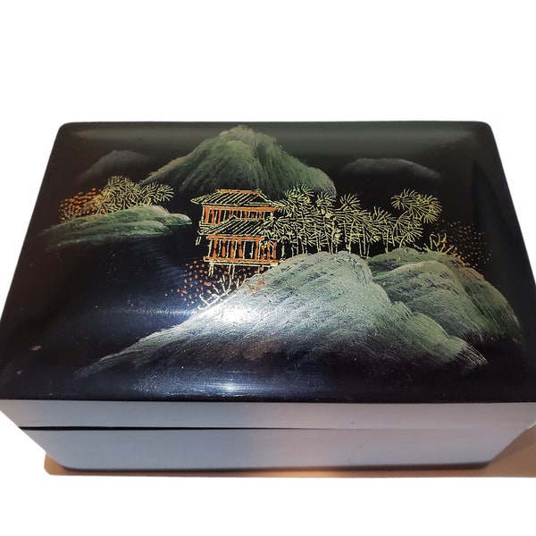 Black Jewelry Box with Gold Flecks - Nature Painted Knick Knack Box - Natural Scenery - Collectible Box - Treasure Box - Dresser Decor