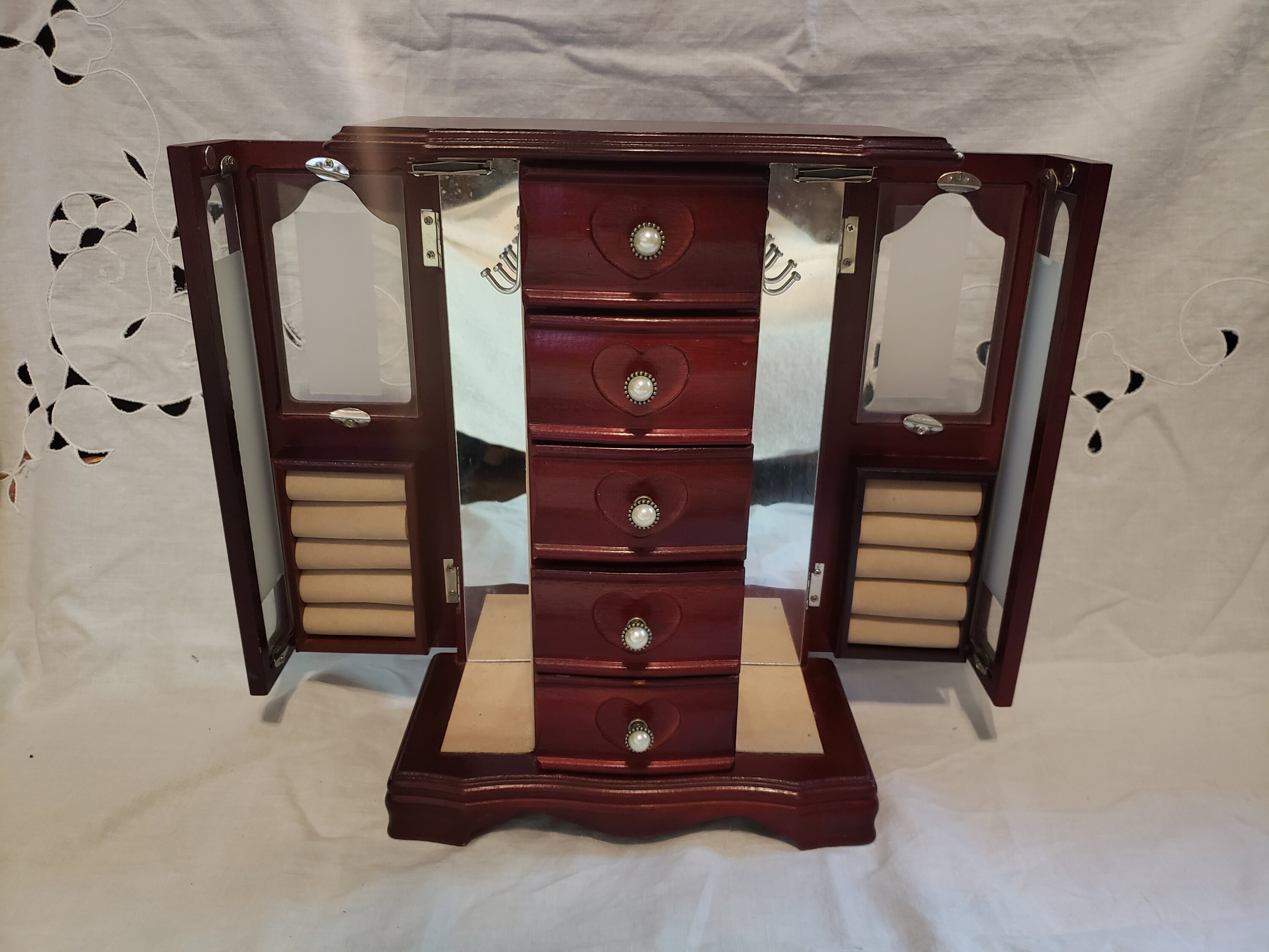 Wooden Jewelry Armoire With Drawers, Cubbies, Hooks, and Mirrors Dresser Top Jewelry Organizer