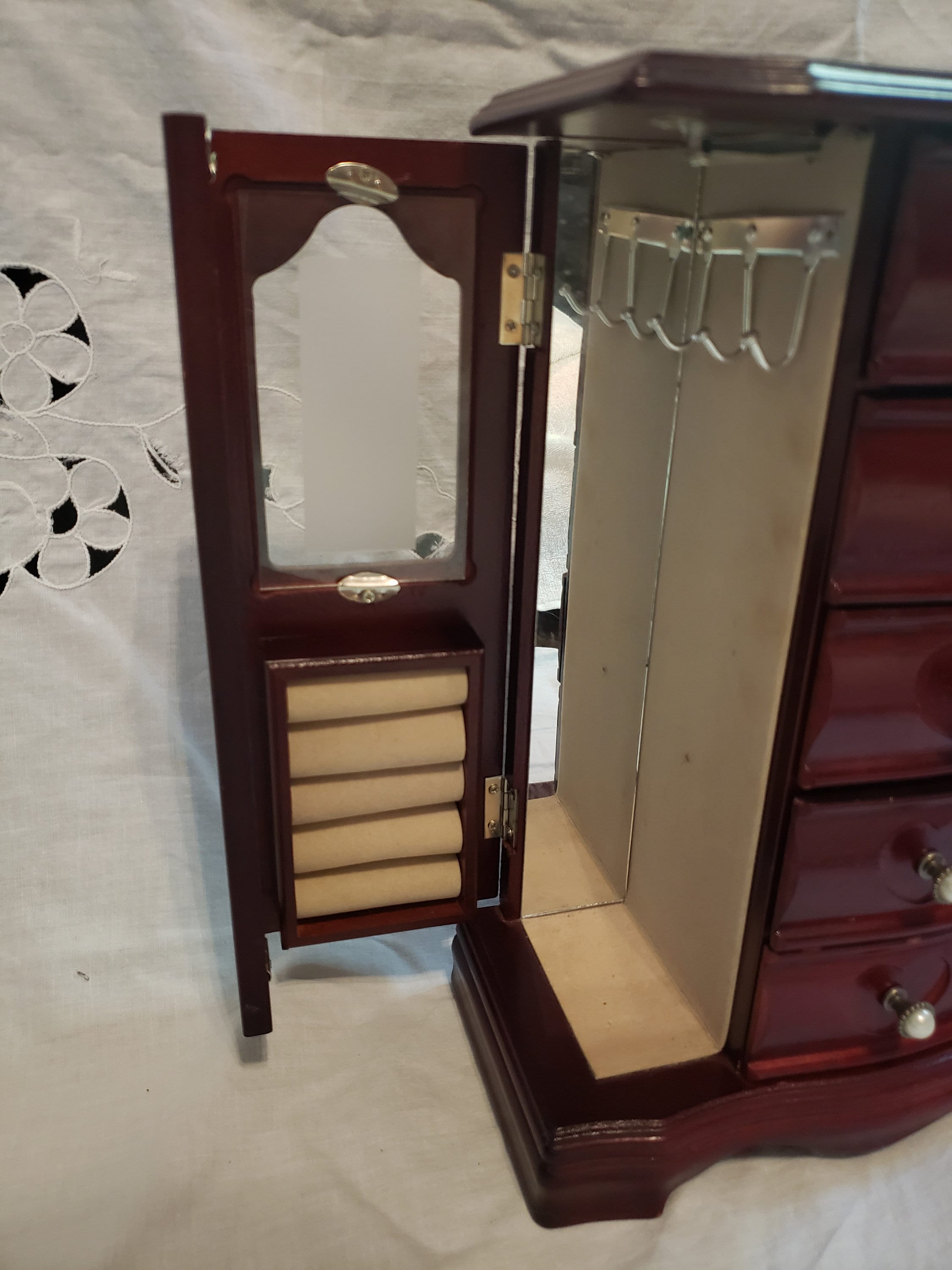 Wooden Jewelry Armoire With Drawers, Cubbies, Hooks, and Mirrors Dresser Top Jewelry Organizer