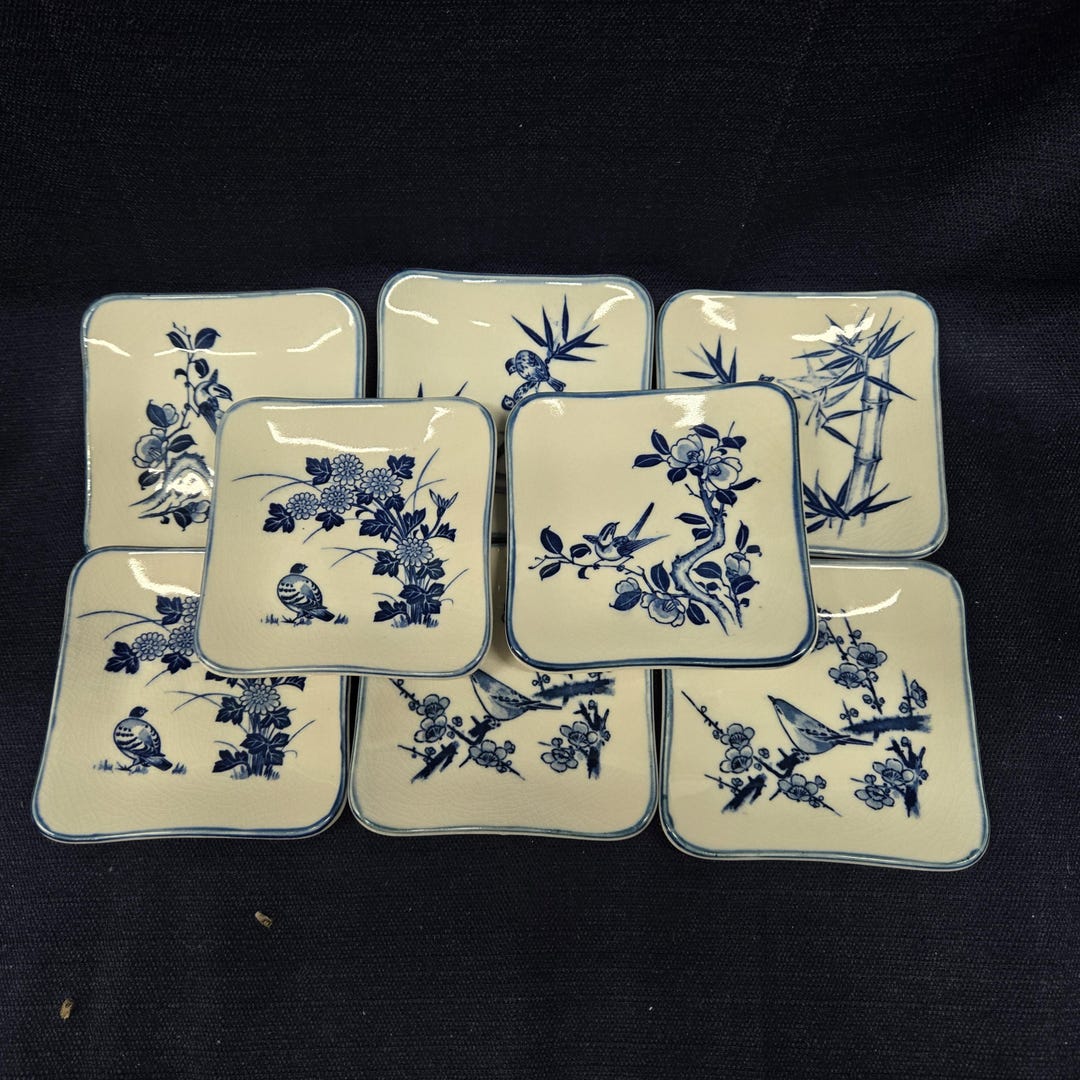 ヴィンテージの青と白の鳥の皿：陶器製8枚セット - Etsy 日本