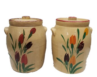 Vintage Set of Cookie Jars with Flower Designs and Tan Base
