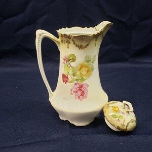 Vintage P.K. Silesia Porcelain Pitcher with Floral Designs and Colorful Lid – Victorian Style Ornate Pitcher