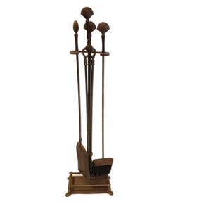 Vintage Dull Brass Fireplace Seashell Décor Tool Set with Tongs, Shovel, Broom, Stoker