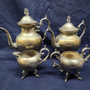 Vintage Metal Teapots, Sugar Bowl and Creme Pitcher - Silver on Copper
