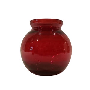 Red Translucent Glass Vase with Bulbous Round Body - Short Vase - Wide Vase - Flower Vase - Spring Decor - Feather Vase - Mantle Decor