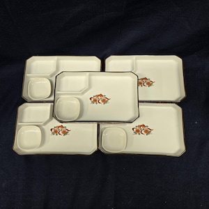 Five Sushi Plates with Dipping Area - Vintage Asian China - 4 Additional Sauce Ramekins - Red Flowers