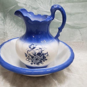 Blue and White Wash Bowl and Pitcher – Vintage Hand Washing Station – Glass Décor
