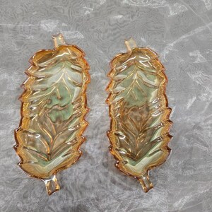 Pair of Amber Leaf Dishes – Two Leaf Dishes – Kitchen Décor and Accessories – Carnival Glass Amber Bowls