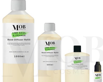 Aceite de recarga para difusor de varillas con aroma a lima, albahaca y mandarina. ¡Altamente concentrado! Larga duración: 100 ml, 500 ml y 1 litro.