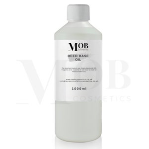 May include: A white plastic bottle with a white label that says "MOB Cosmetics Reed Base Oil". The label also includes instructions for use, website and contact information, and the size of the bottle, 1000 ml.