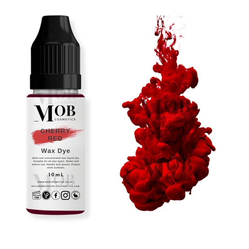 May include: A 10 ml bottle of cherry red wax dye for candles and other crafts. The bottle has a black cap and a white label with the text "MOB Cosmetics" and "Cherry Red Wax Dye".