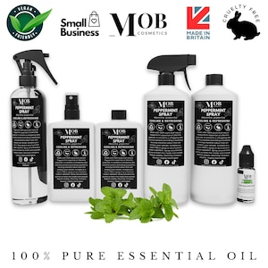 May include: Five white bottles of peppermint spray with black labels and a small bottle of peppermint essential oil. The bottles are labelled "MOB Peppermint Spray Mentha piperita Cooling & Refreshing". The bottles are surrounded by green mint leaves. The text "100% PURE ESSENTIAL OIL" is at the bottom of the image.