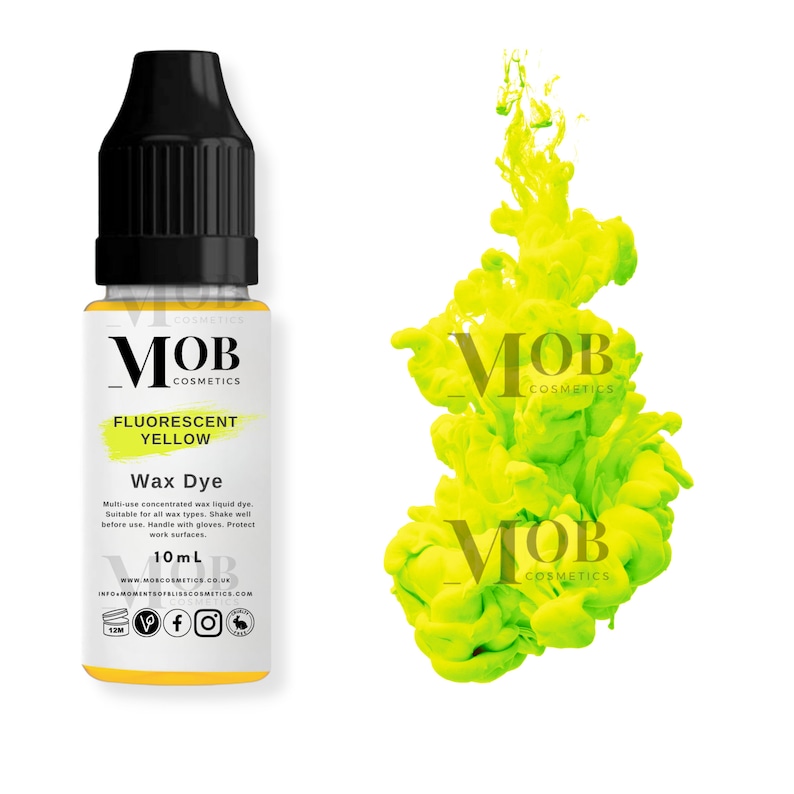 May include: A 10 ml bottle of fluorescent yellow wax dye. The bottle is labeled "MOB Cosmetics Fluorescent Yellow Wax Dye".