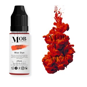 May include: A 10 ml bottle of Fiery Red wax dye by MOB Cosmetics. The bottle is clear and has a black cap. The label is white with black and red text. The dye is a vibrant red color.