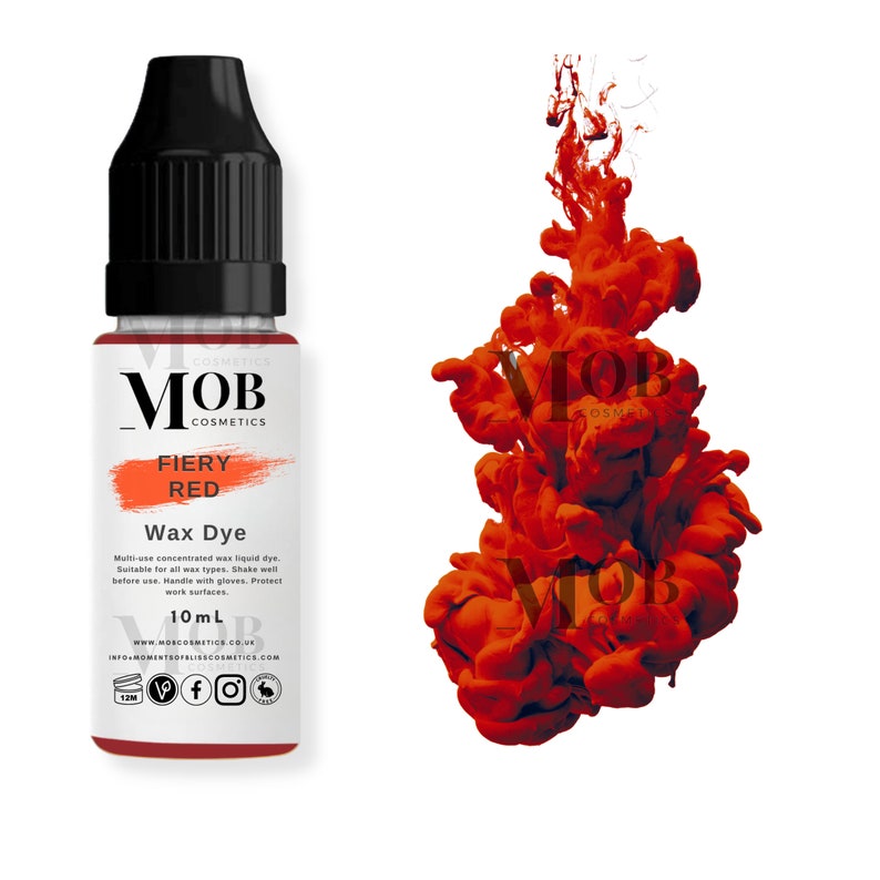 May include: A 10 ml bottle of Fiery Red wax dye by MOB Cosmetics. The bottle is clear and has a black cap. The label is white with black and red text. The dye is a vibrant red color.