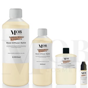 Navulling sandelhout- en vanillerietverspreiderolie, zeer geconcentreerd! Gaat lang mee: 100 ml, 500 ml en 1 liter