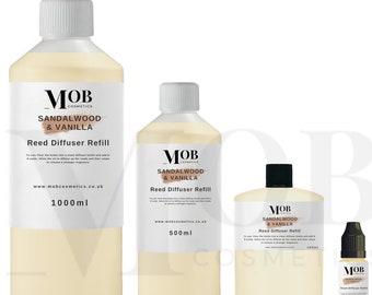 Recarga de aceite para difusor de varillas de sándalo y vainilla. ¡Altamente concentrado! Larga duración - 100 ml, 500 ml y 1 litro