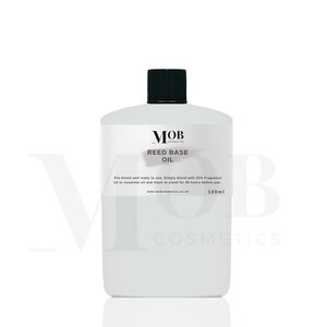 May include: A white plastic bottle with a black cap labeled "MOB Cosmetics Reed Base Oil". The bottle contains 100 ml of oil and is pre-mixed and ready to use. Simply blend with 25% fragrance oil or essential oil and leave to stand for 48 hours before use.