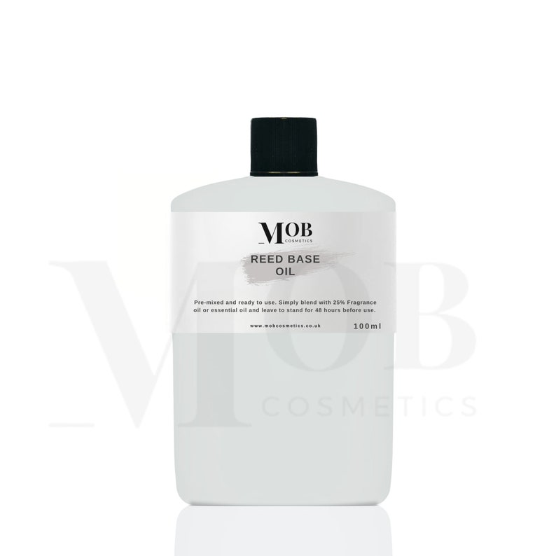 May include: A white plastic bottle with a black cap labeled "MOB Cosmetics Reed Base Oil". The bottle contains 100 ml of oil and is pre-mixed and ready to use. Simply blend with 25% fragrance oil or essential oil and leave to stand for 48 hours before use.