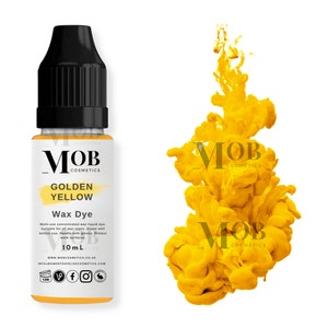 May include: A 10 ml bottle of golden yellow wax dye for candles. The bottle has a black cap and a white label with the text "MOB Cosmetics Golden Yellow Wax Dye".