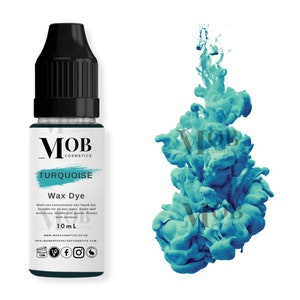 May include: A 10 ml bottle of turquoise wax dye for candles. The bottle has a black cap and a white label with the text "MOB Cosmetics Turquoise Wax Dye".