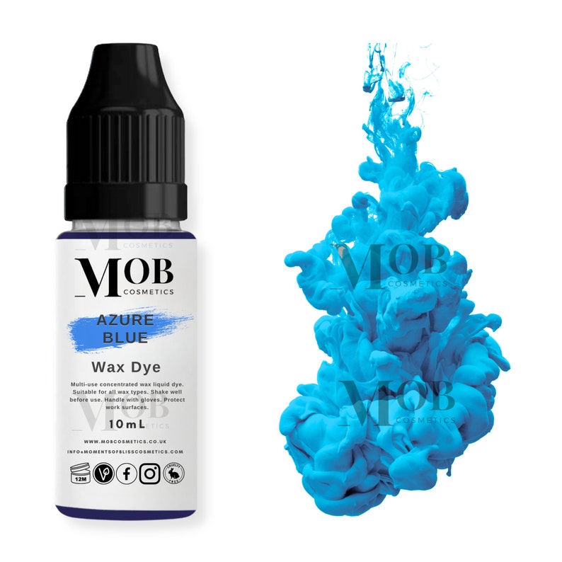 May include: A 10 ml bottle of MOB Cosmetics Azure Blue Wax Dye. The bottle is clear with a black cap and a white label. The label has the MOB Cosmetics logo and the words "Azure Blue Wax Dye". The bottle is sitting on a white background.