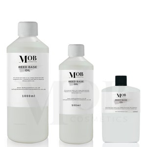 May include: Three white plastic bottles of reed diffuser base oil with black labels and the text "MOB Cosmetics Reed Base Oil" on them. The bottles are labelled with the sizes 1000ml, 500ml, and 100ml.