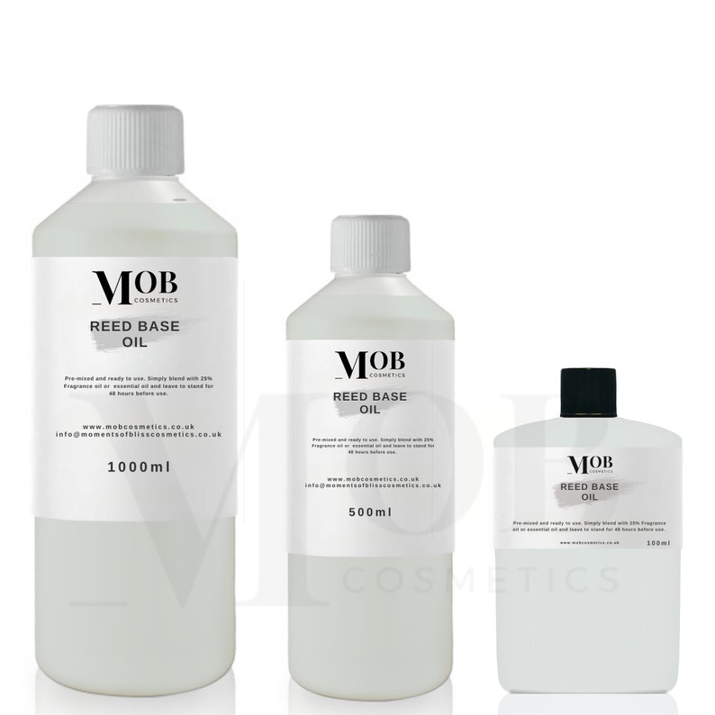May include: Three white plastic bottles of reed diffuser base oil with black labels and the text "MOB Cosmetics Reed Base Oil" on them. The bottles are labeled with the sizes 1000ml, 500ml, and 100ml.
