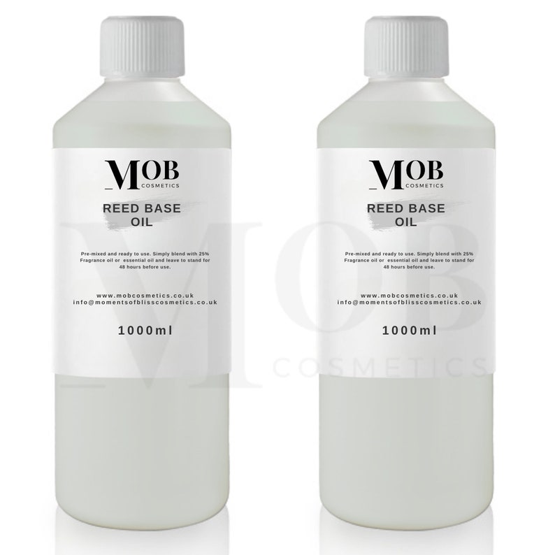 May include: Two clear plastic bottles with white labels. The labels have black text that reads "MOB Cosmetics Reed Base Oil". The bottles contain 1000 ml of oil.