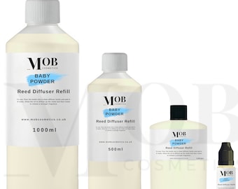 Recambio de aceite para difusor de varillas de talco para bebés. ¡Altamente concentrado! Larga duración: 100 ml, 500 ml y 1 litro.