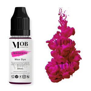 May include: A 10 ml bottle of magenta wax dye for candles. The bottle is labeled "MOB Cosmetics" and "Magenta Wax Dye". The dye is a concentrated liquid dye suitable for all wax types. The bottle is on a white background with a magenta ink cloud in the background.