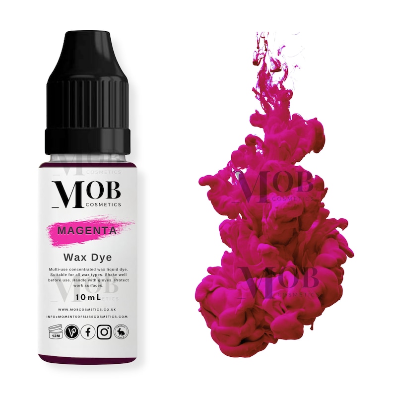 May include: A 10 ml bottle of magenta wax dye for candles. The bottle is labeled "MOB Cosmetics" and "Magenta Wax Dye". The dye is a concentrated liquid dye suitable for all wax types. The bottle is on a white background with a magenta ink cloud in the background.