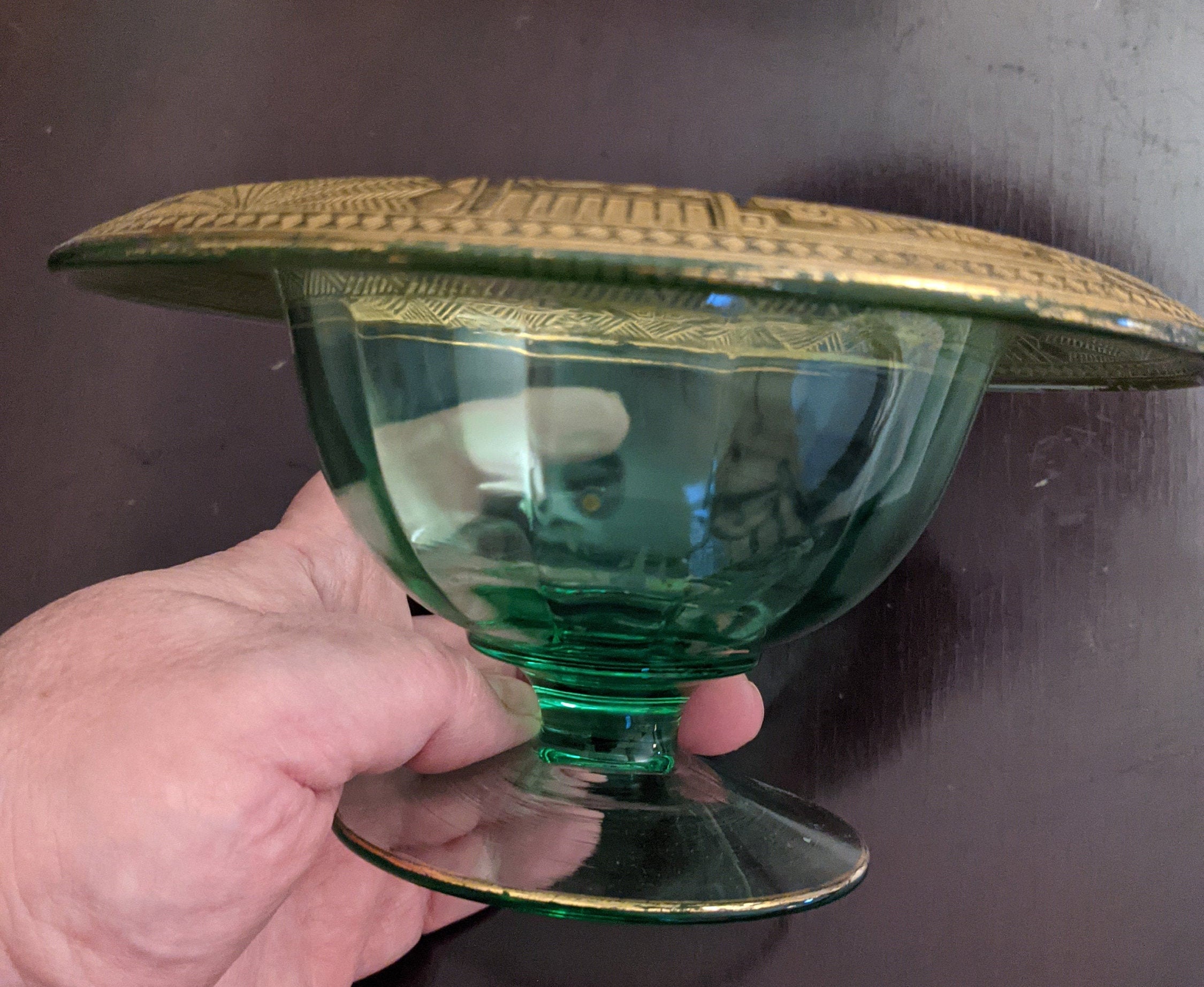 Vintage Green Depression Glass Candy Dish Etched Gold Trim Etsy