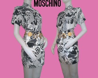 Vintage MOSCHINO '90s Rare Two Piece Top Shirt & Skirt SET Monochrome Printed Logo