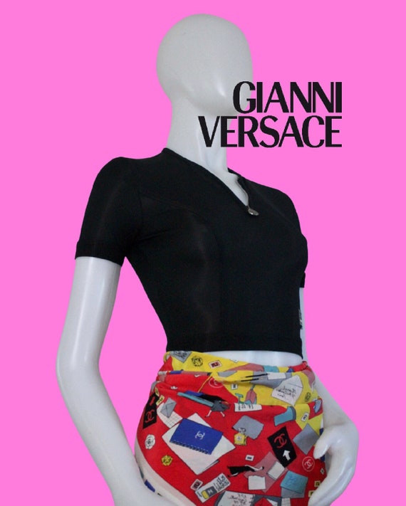 Vintage Versace Jeans Couture Black Cropped Top with … Gem