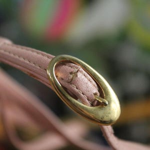 May include: Close-up of a pale pink leather strap with a gold-colored oval buckle. The strap is stitched and appears to be part of a larger accessory, possibly a handbag or shoe.