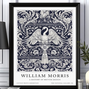 Swan Print, William Morris print, Textile Print, Gift for her, Wall art, Vintage Print, William Morris Swan, Exhibition Print, Monochrome