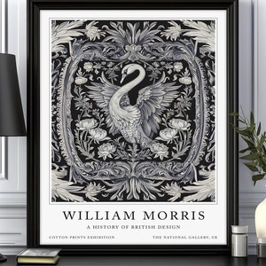Swan Print, William Morris print, Textile Print, Gift for her, Wall art, Vintage Print, William Morris Swan, Exhibition Print, Monochrome