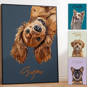 Op de afbeelding: Een digitale illustratie van een bruine en witte hond met zijn kop ondersteboven. De naam van de hond is Gizmo en staat in een cursief schrift onderaan de afbeelding. De achtergrond is donkerblauw.