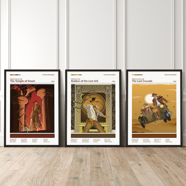 Indiana Jones Movie Posters, Indiana Jones Trilogy, Movie Poster, Wall art, Gift for him, Set of 3, Raiders of the lost ark, Harrison Ford