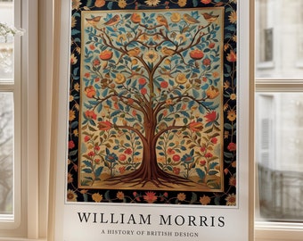 May include: Framed art print featuring a stylized tree with birds, flowers, and fruit in shades of orange, yellow, and blue. The artwork is set against a cream background with a dark blue border. The print is labeled "WILLIAM MORRIS A HISTORY OF BRITISH DESIGN".