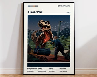 May include: A movie poster for the film Jurassic Park, directed by Steven Spielberg. The poster features a Tyrannosaurus Rex dinosaur in a jungle setting, with a man running away from it. The poster also includes the film's title, director's name, and release year.